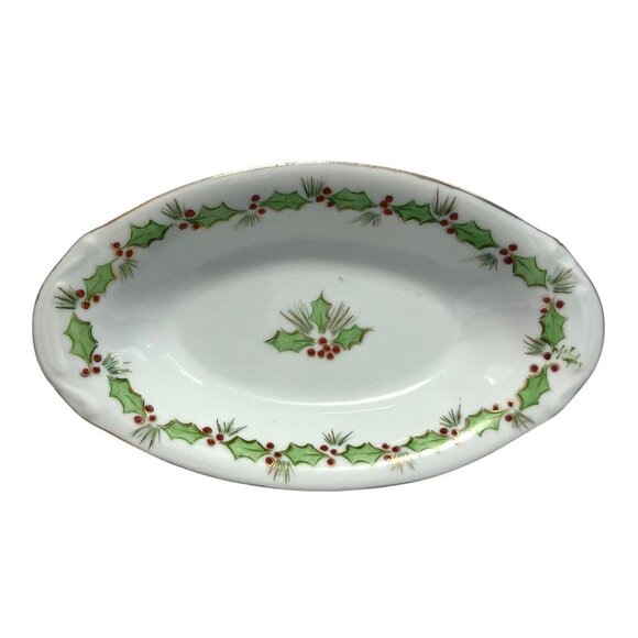 Vintage Hand-Painted Christmas Holly Oval Porcelain Bowl – Gold Trim - Picture 1 of 4